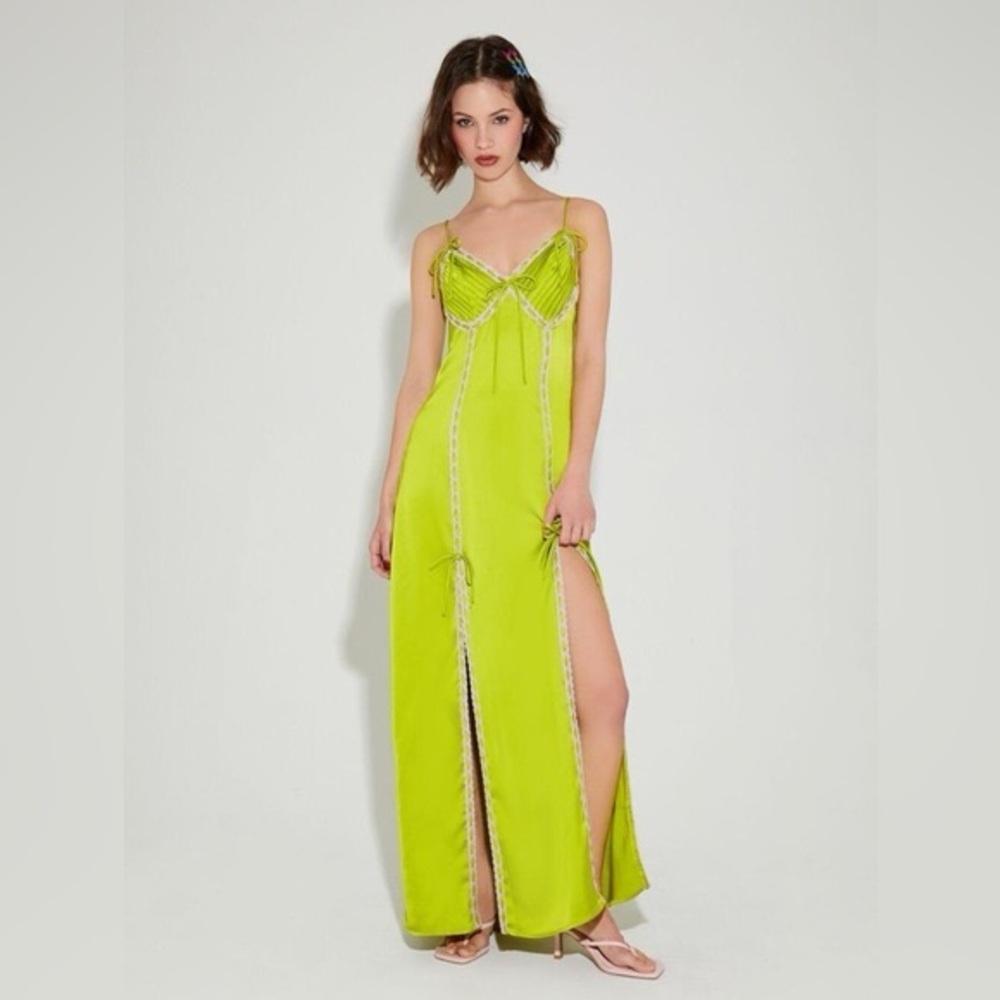 Betsey Johnson X Forever 21 Lime Green Maxi Slip Dress with Lace Trim